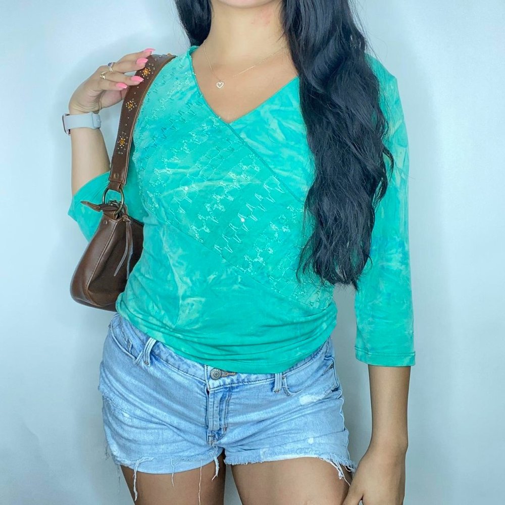 Teal blue water color beaded 2000s Y2K top, quarter sleeves, cross v-neck line